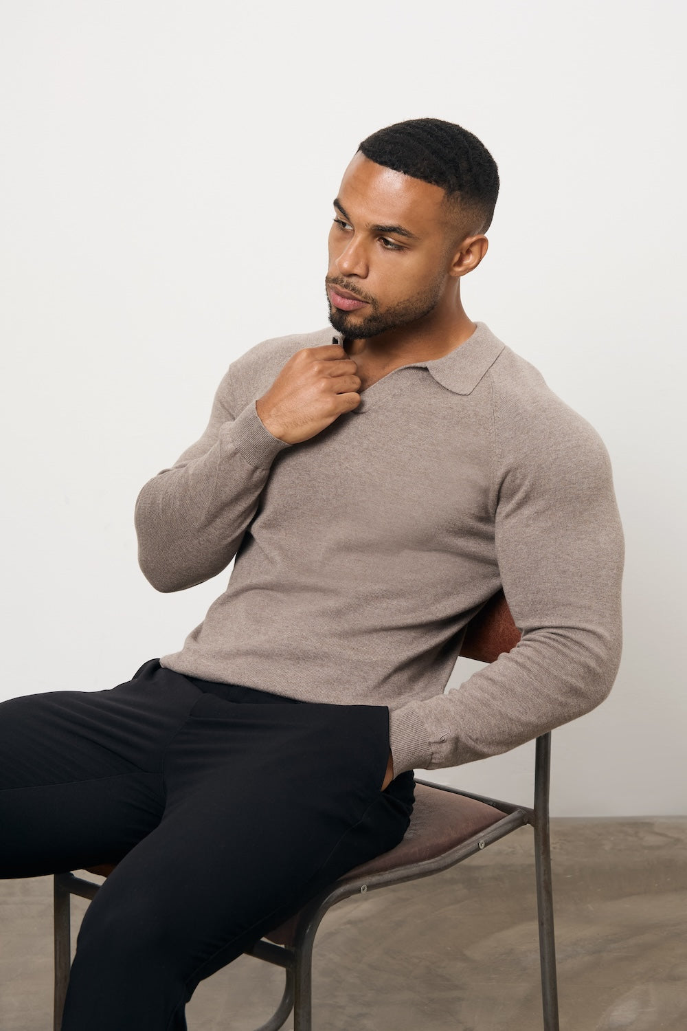 Pure Cotton Knitted Open Collar Polo Shirt in Brown Marl