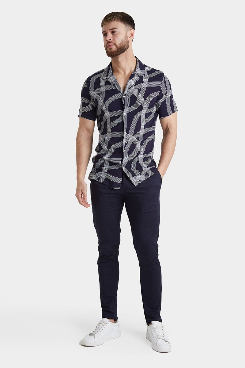 Printed Shirt in Navy Curved Stripe - TAILORED ATHLETE - ROW