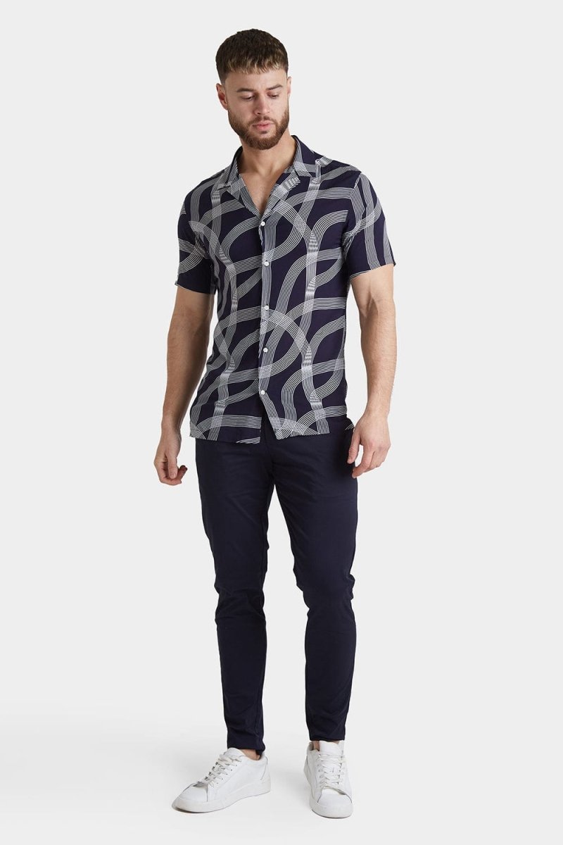 Printed Shirt in Navy Curved Stripe - TAILORED ATHLETE - ROW