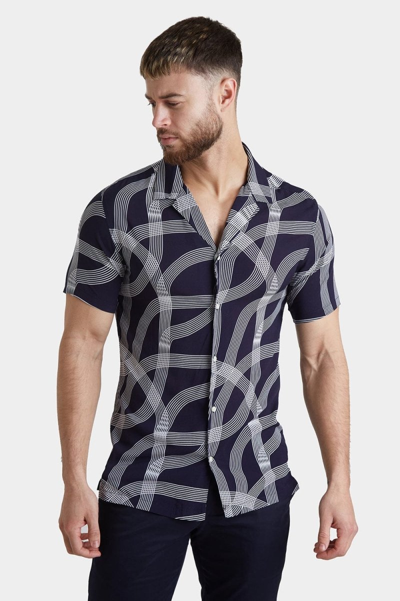 Printed Shirt in Navy Curved Stripe - TAILORED ATHLETE - ROW