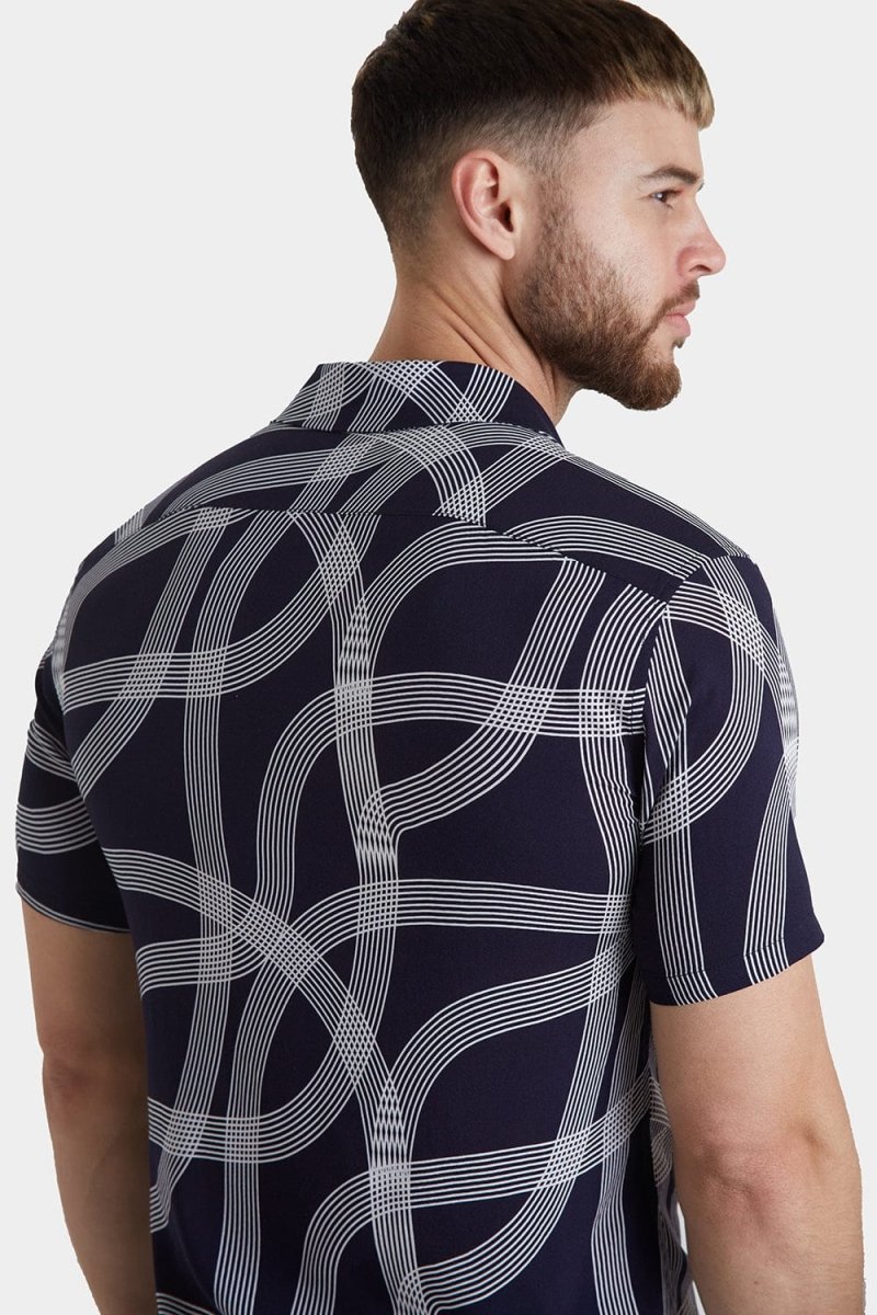 Printed Shirt in Navy Curved Stripe - TAILORED ATHLETE - ROW
