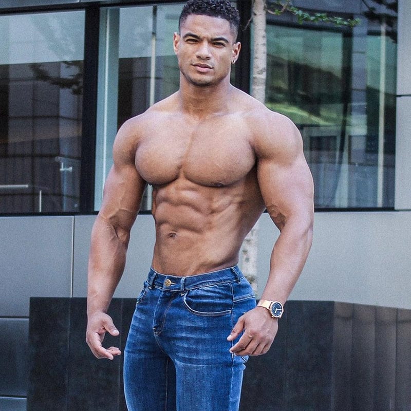 Close-up of muscle-fit denim jeans offering a tailored modern fit for a sleek and stylish look