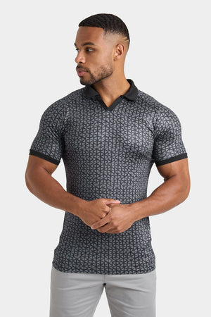 Printed Polo Shirt in Black Doodle Geo - TAILORED ATHLETE - ROW