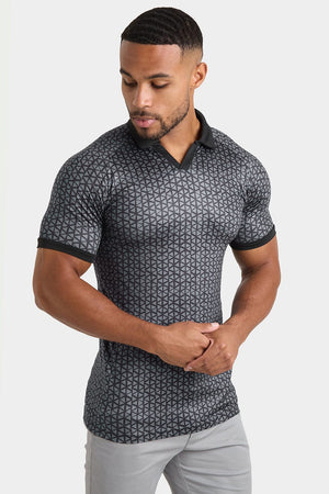 Printed Polo Shirt in Black Doodle Geo - TAILORED ATHLETE - ROW