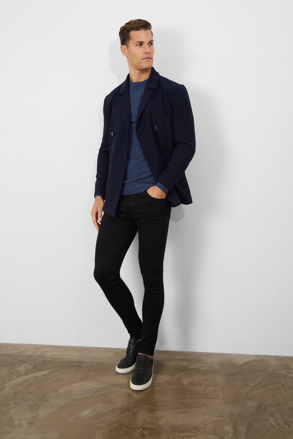 Double Breasted Peacoat in Navy - TAILORED ATHLETE - ROW