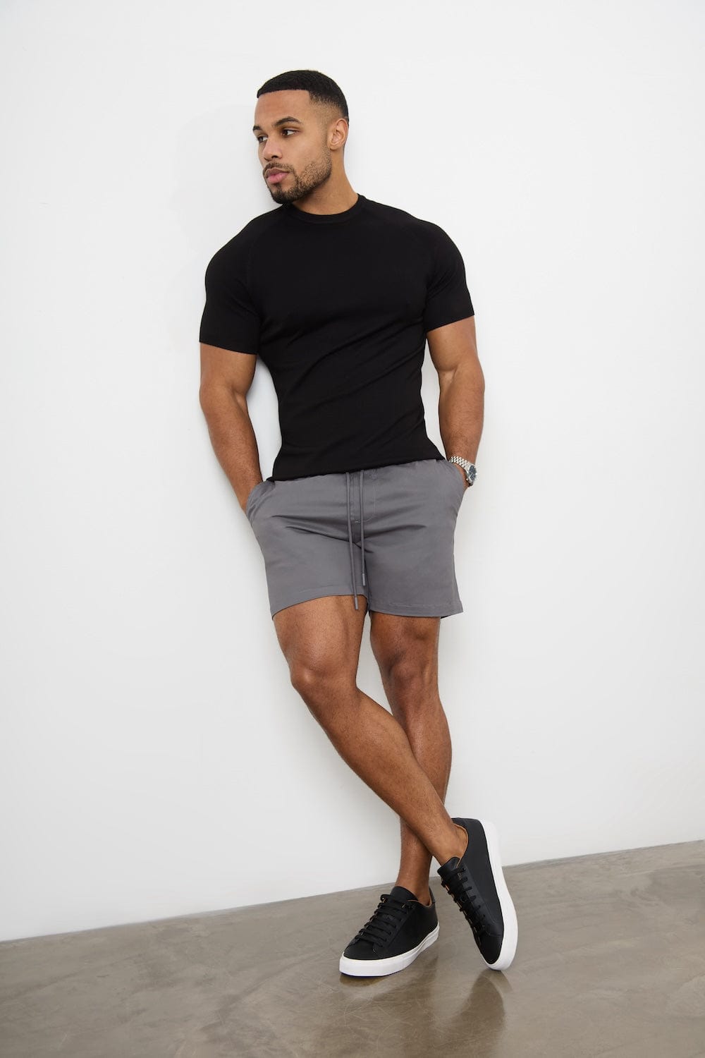 Muscle Fit Drawstring Chino Short - Shorter Length  in Dark Grey - TAILORED ATHLETE - ROW