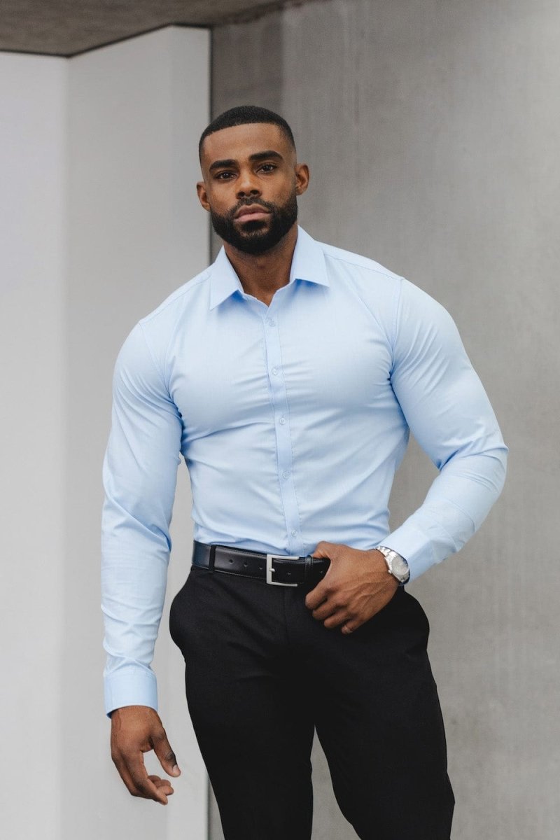 light blue dress shirt and black pants Men's Comfort Fit Classic Collar sweat shirt Top Black Pant Blue Shirt