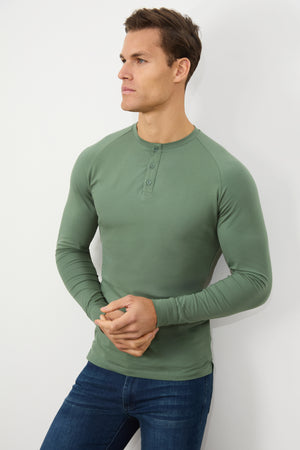 Long Sleeve Everyday Henley T-Shirt in Sage Green - TAILORED ATHLETE - ROW