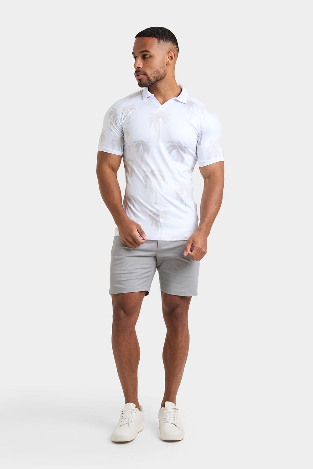 Printed Polo Shirt in White Faded Palms - TAILORED ATHLETE - ROW