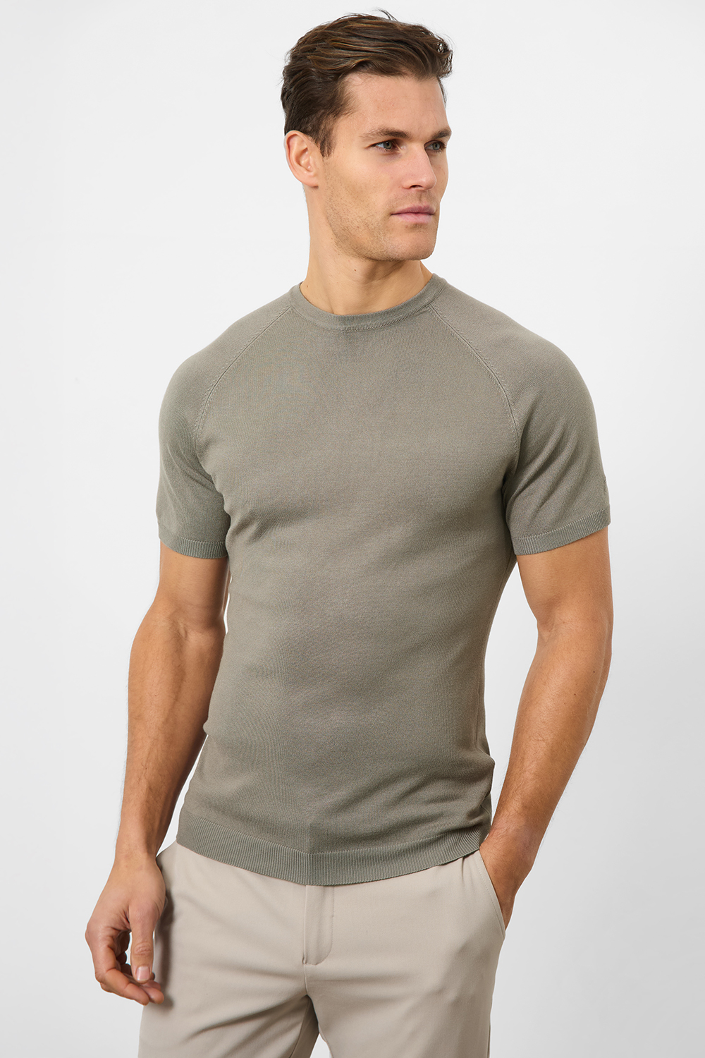 Fine Gauge Knitted T-Shirt in Soft Sage - TAILORED ATHLETE - ROW