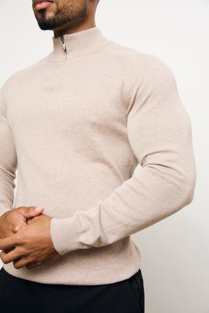 Pure Cotton Knitted Half Zip Neck Jumper in Neutral Marl