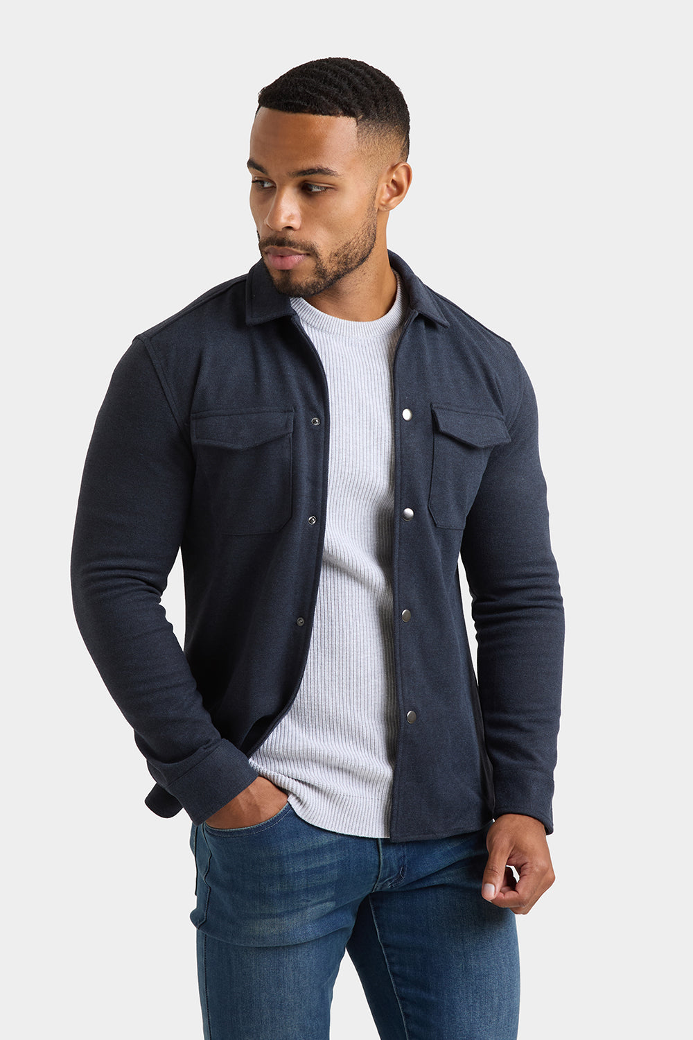 Herringbone Jersey Overshirt in Dark Steel - TAILORED ATHLETE - ROW