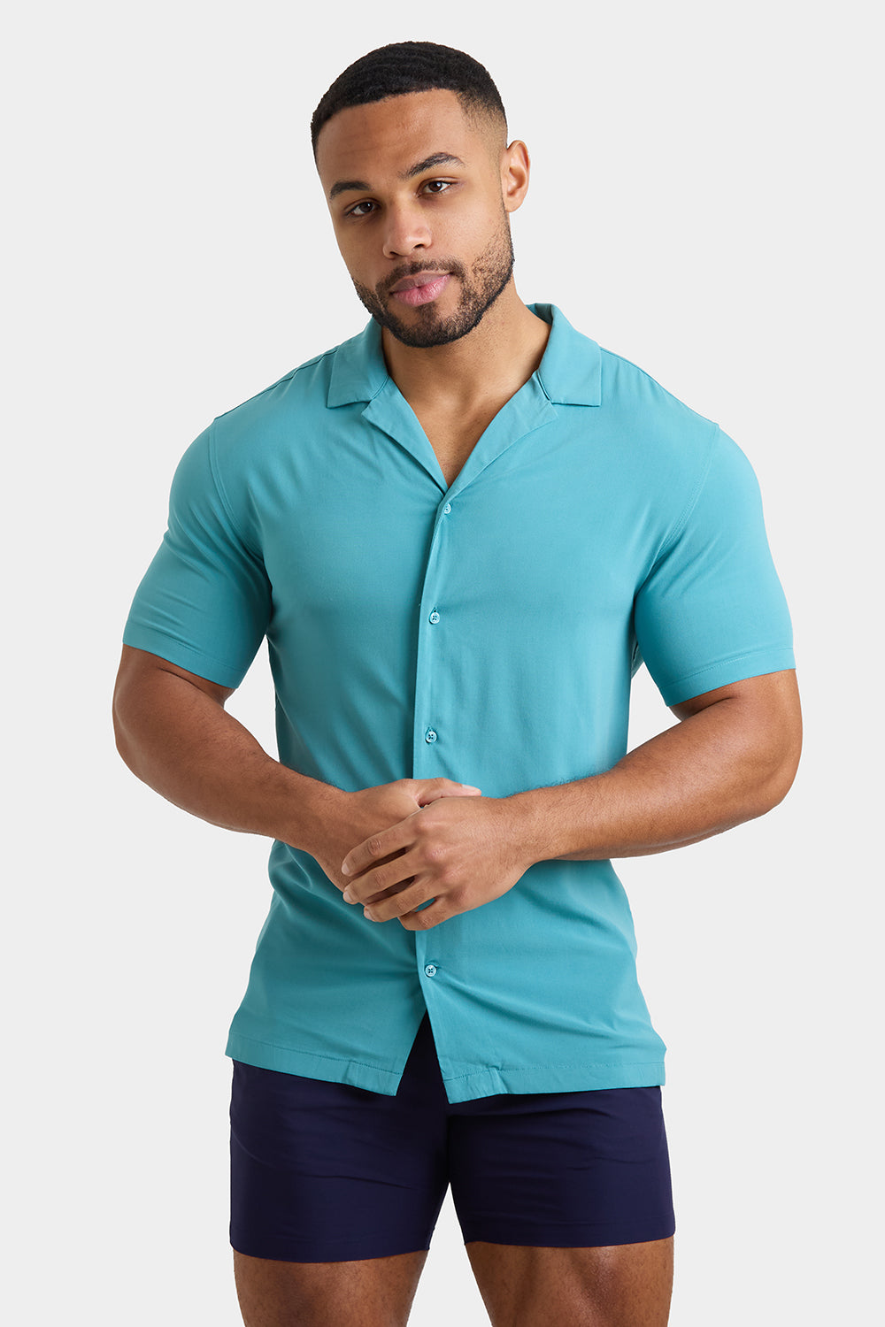 Muscle Fit Short Sleeve Viscose Shirt in Teal - TAILORED ATHLETE - ROW
