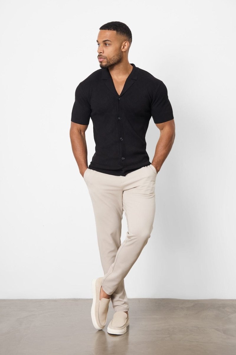Jacquard Revere Collar Knitted Shirt in Black - TAILORED ATHLETE - ROW