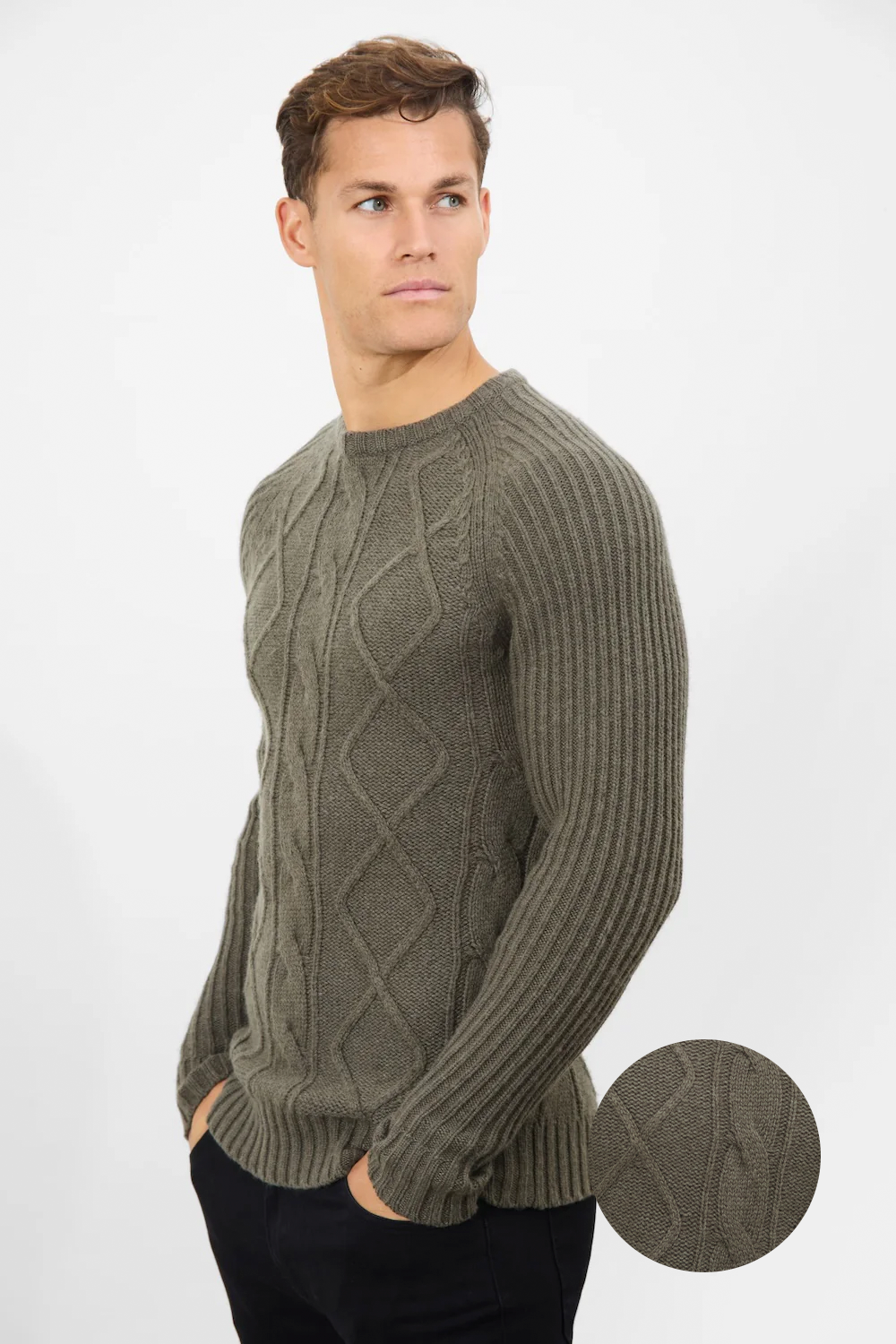 Wool Blend Chunky Cable Crew Neck in Khaki - TAILORED ATHLETE - ROW