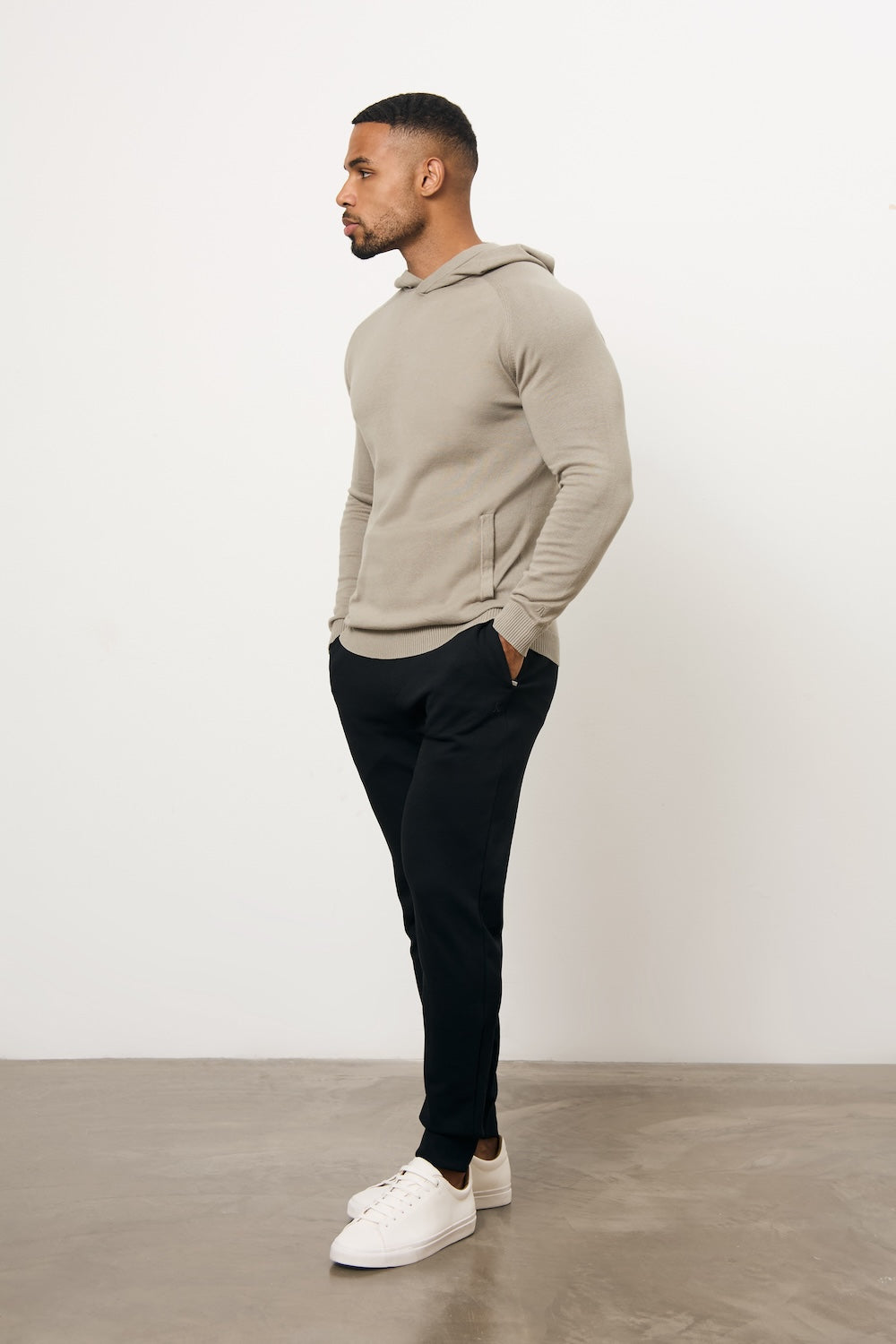 Pure Cotton Knitted Hoodie in Soft Khaki
