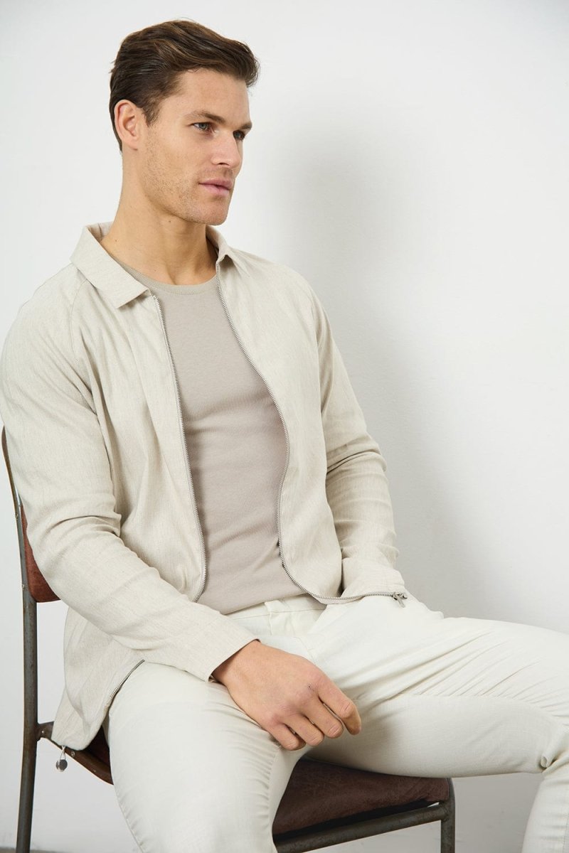 Linen Blend Zip Through Jacket in Oatmeal - TAILORED ATHLETE - ROW