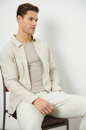 Linen Blend Zip Through Jacket in Oatmeal - TAILORED ATHLETE - ROW