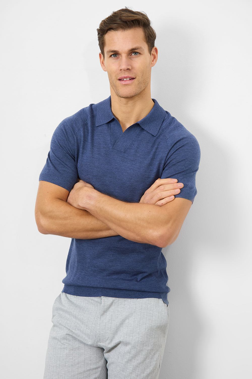 Merino Open Collar Polo Shirt in Airforce Marl - TAILORED ATHLETE - ROW