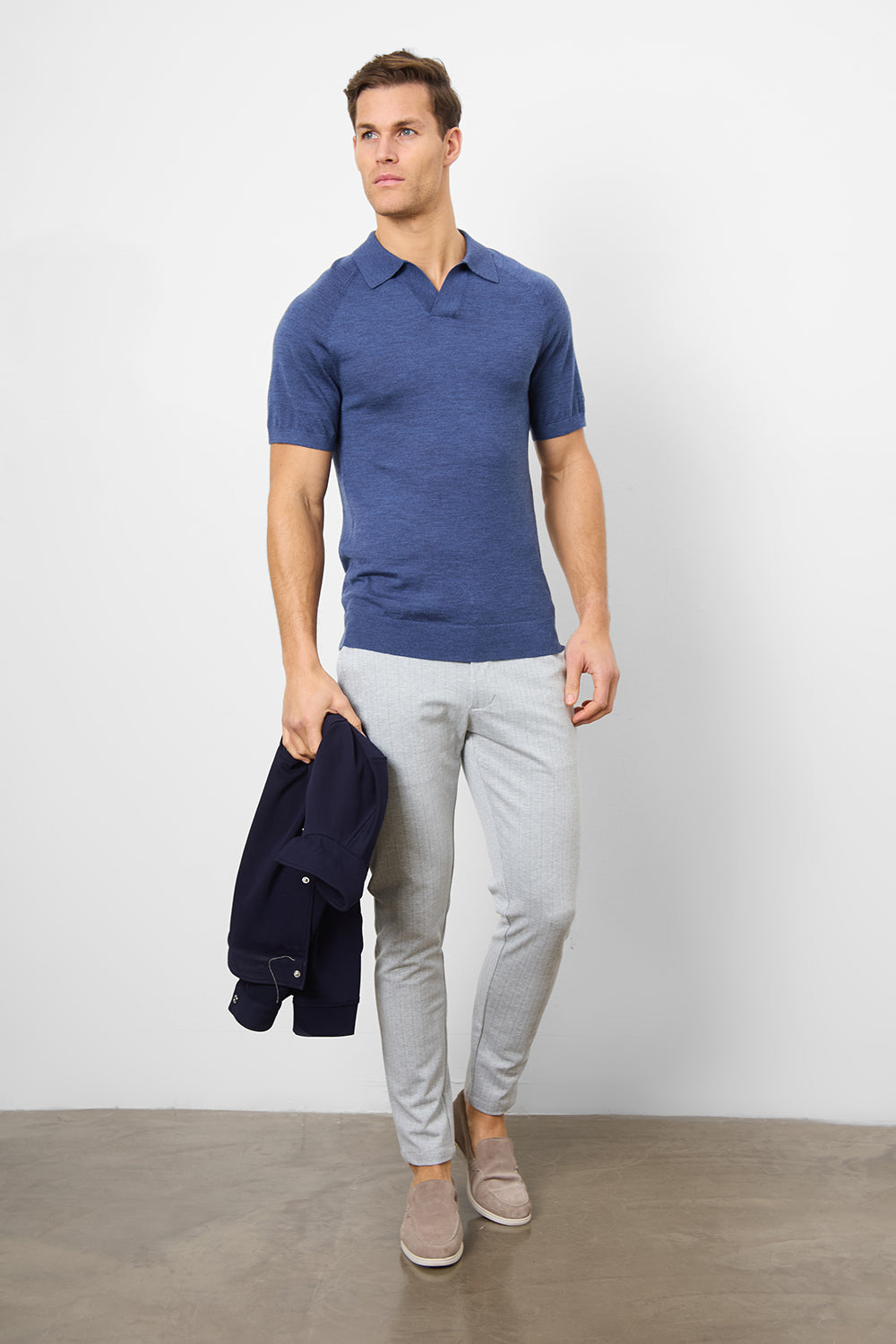 Merino Open Collar Polo Shirt in Airforce Marl - TAILORED ATHLETE - ROW