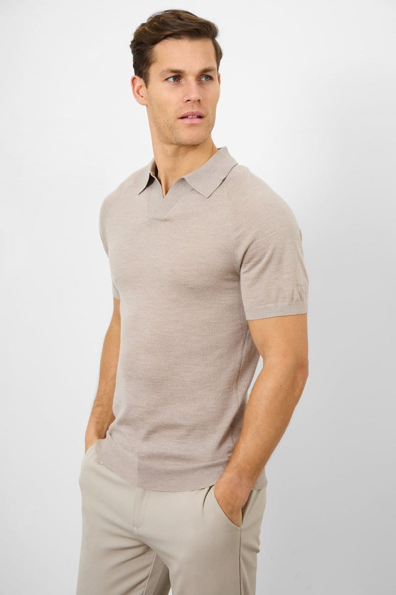 Merino Open Collar Polo Shirt in Wheat Marl - TAILORED ATHLETE - ROW