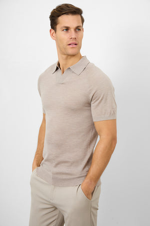 Merino Open Collar Polo Shirt in Wheat Marl - TAILORED ATHLETE - ROW