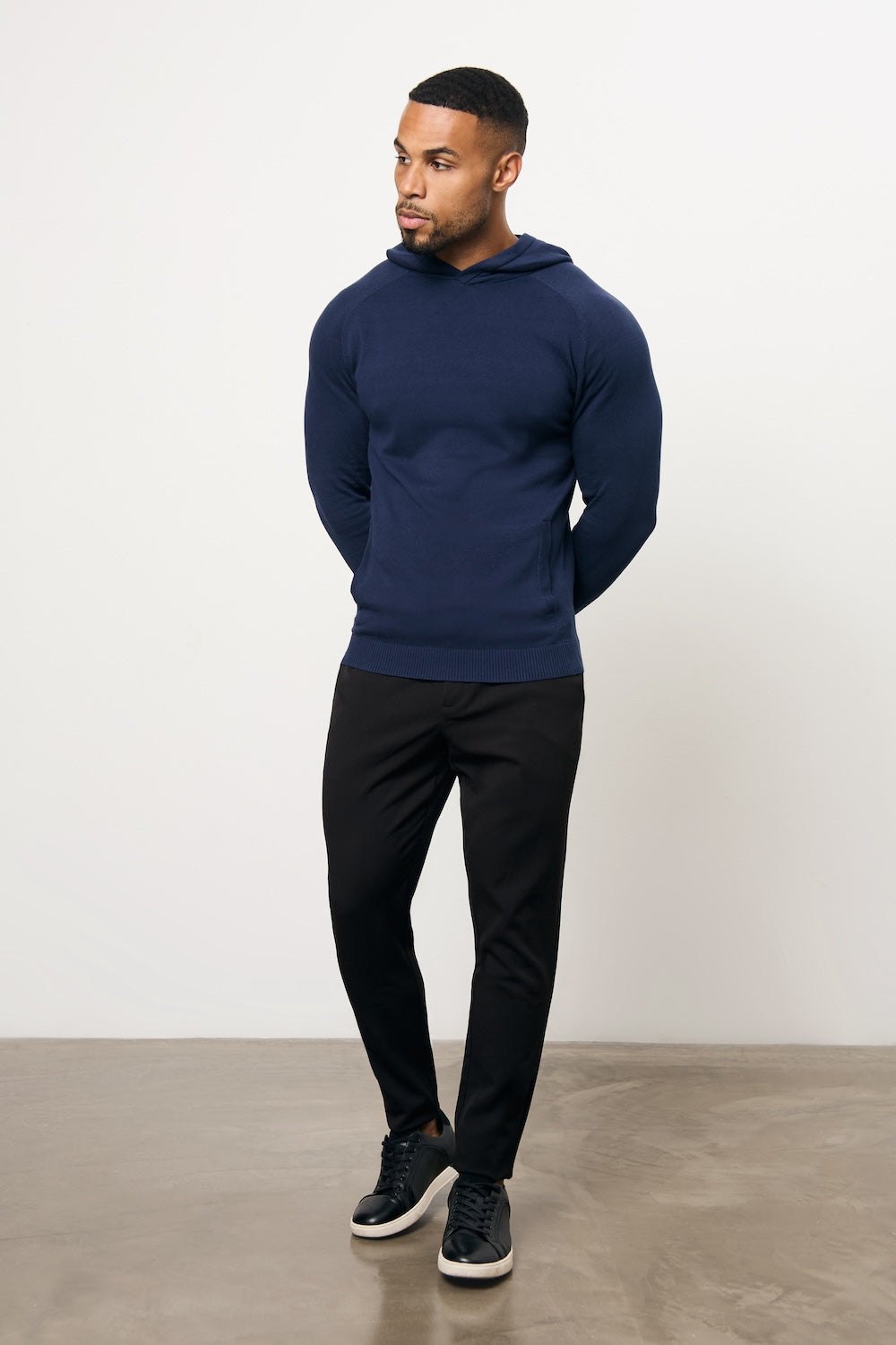 Pure Cotton Knitted Hoodie in Navy