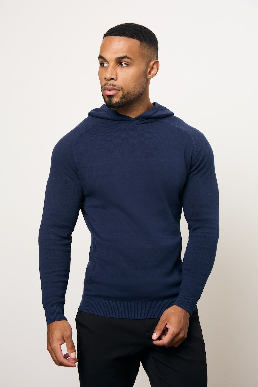 Pure Cotton Knitted Hoodie in Navy