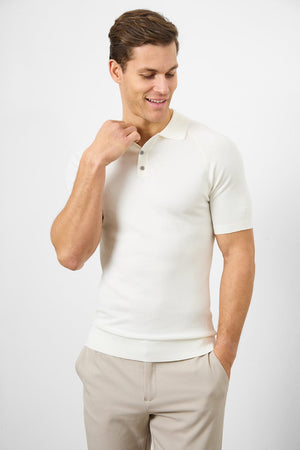 Fine Gauge Knitted Polo Shirt in Ecru - TAILORED ATHLETE - ROW