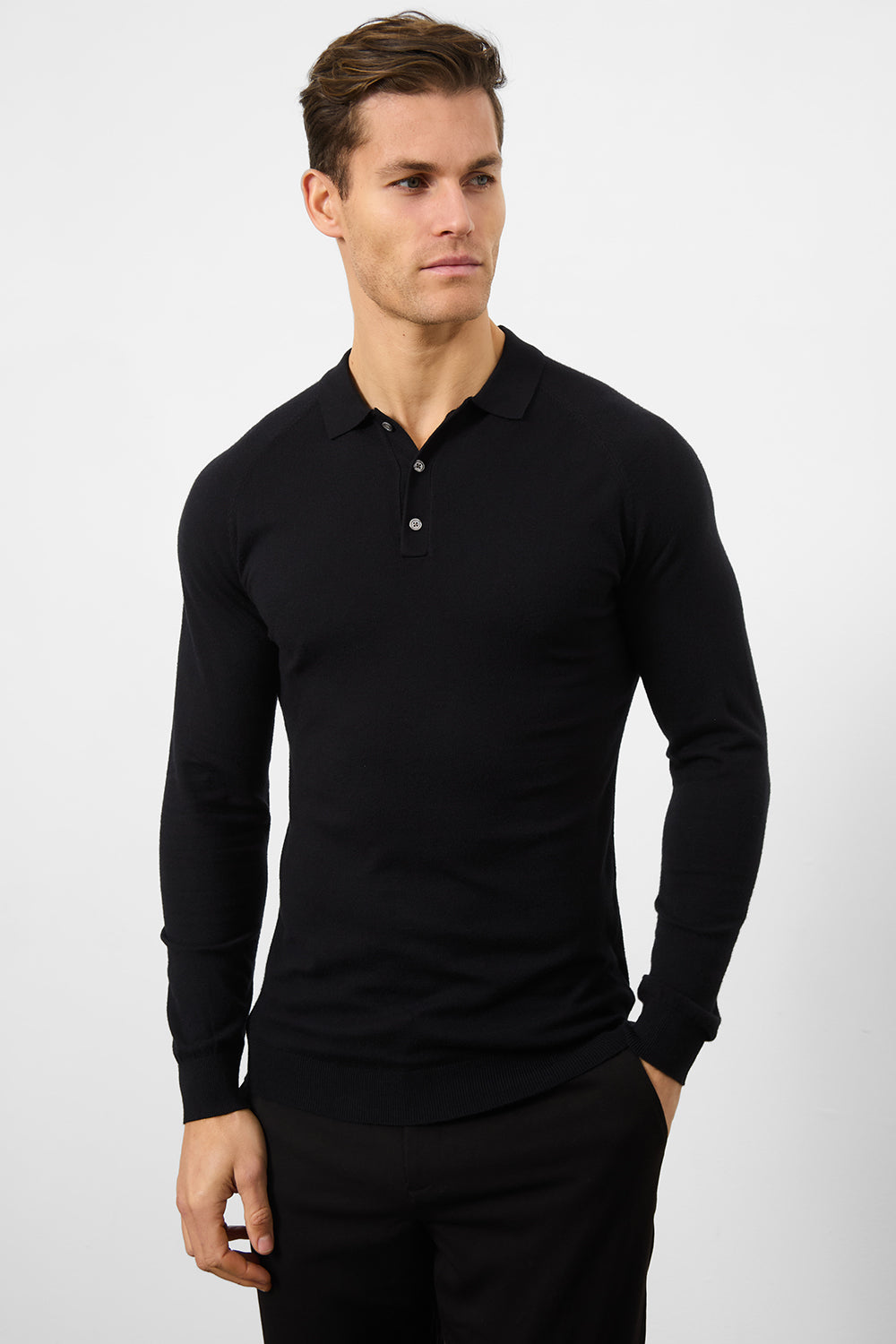 Knitted Polo Shirt in Black - TAILORED ATHLETE - ROW