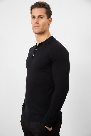 Knitted Polo Shirt in Black - TAILORED ATHLETE - ROW