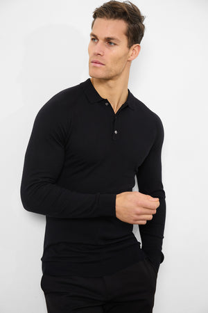 Knitted Polo Shirt in Black - TAILORED ATHLETE - ROW