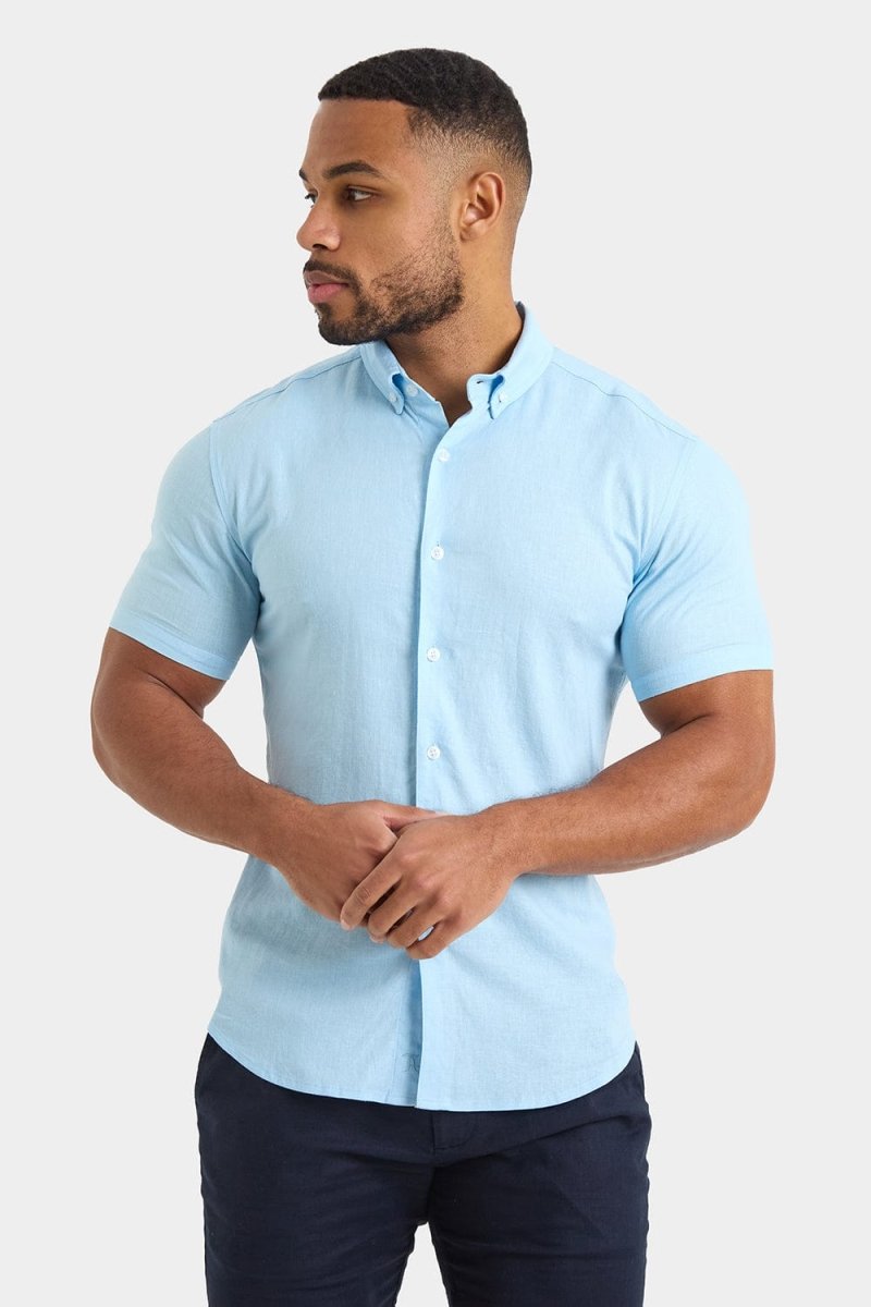 Short Sleeve Linen Blend Shirt in Light Blue - TAILORED ATHLETE - ROW