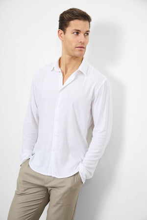 Linen Blend Button Through Shirt in White - TAILORED ATHLETE - ROW