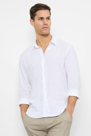 Linen Blend Button Through Shirt in White - TAILORED ATHLETE - ROW