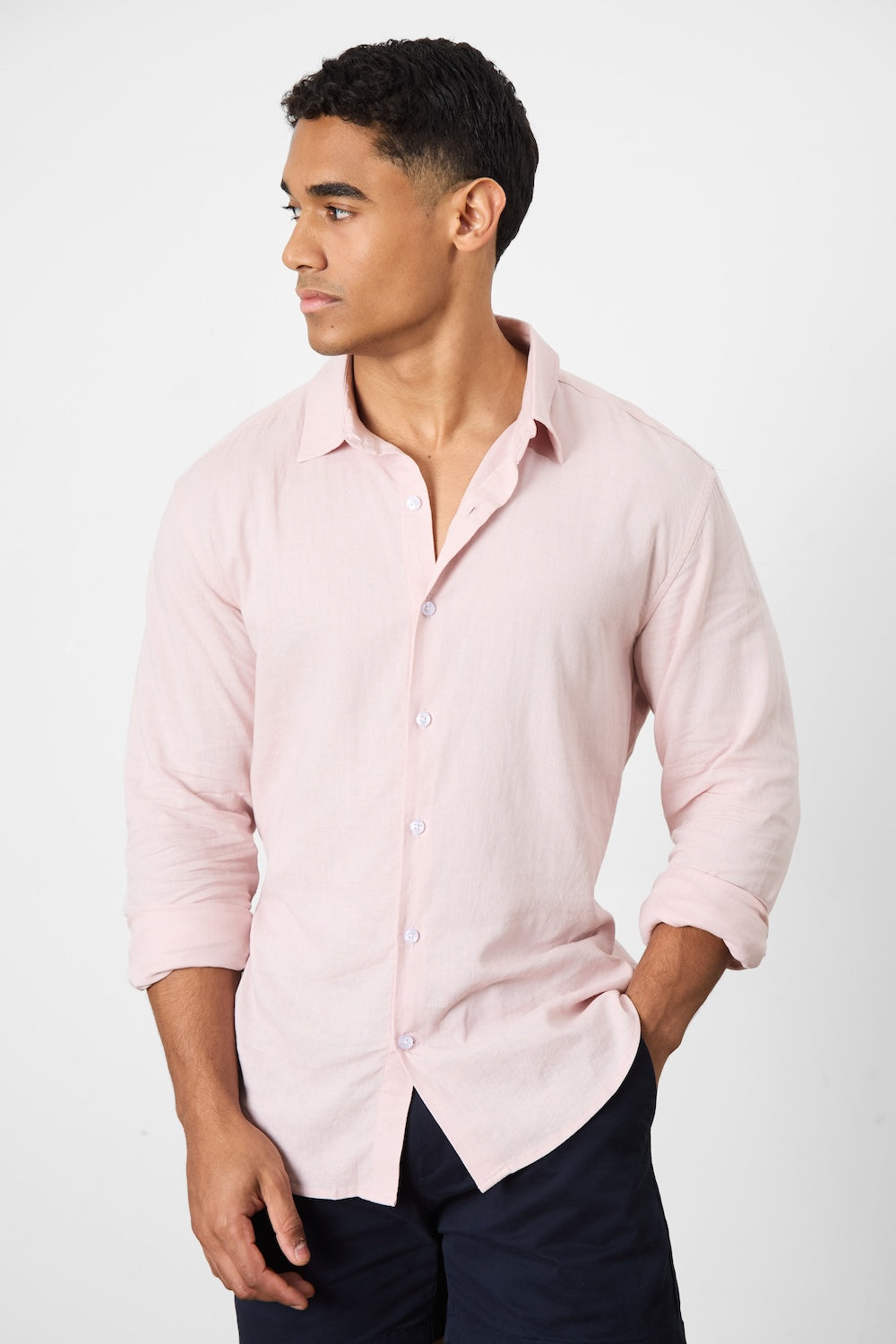 Linen Blend Button Through Shirt in Pink - TAILORED ATHLETE - ROW