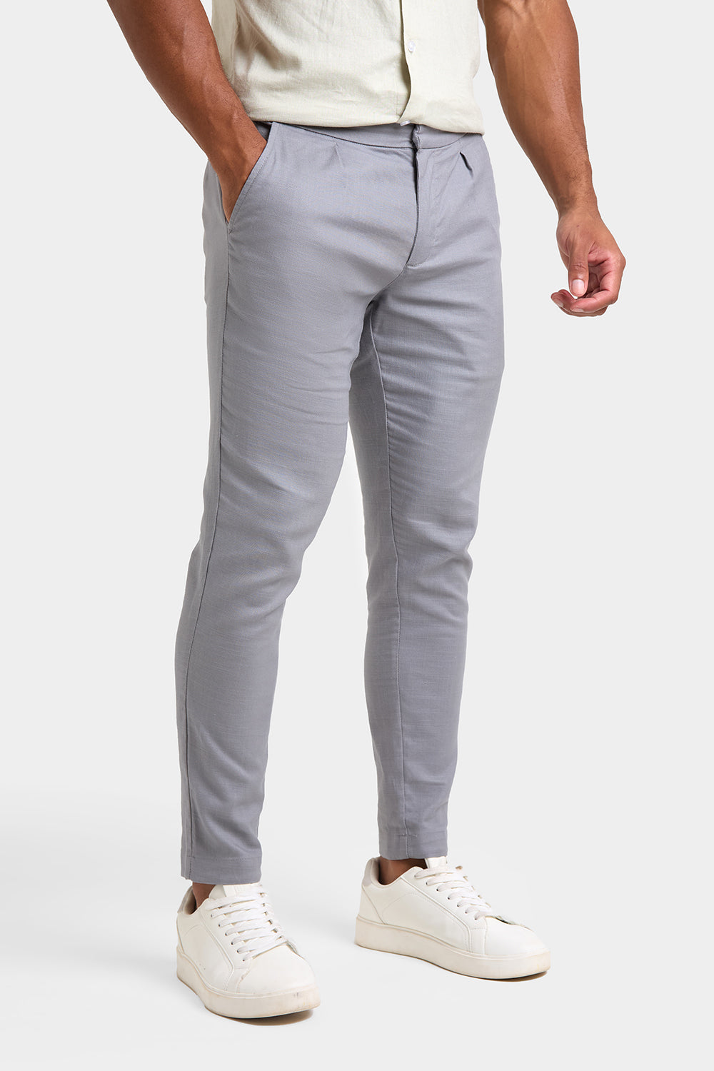 Linen Blend Cropped Pleated Trousers in Mole - TAILORED ATHLETE - ROW