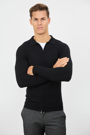 Merino Wool Full Zip Through Cardigan in Black - TAILORED ATHLETE - ROW