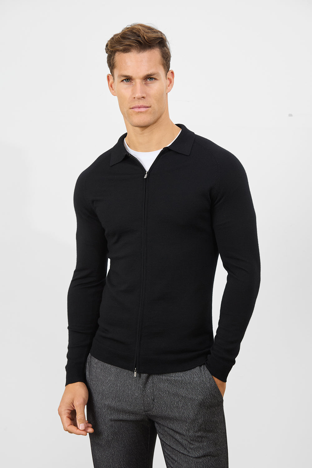 Merino Wool Full Zip Through Cardigan in Black - TAILORED ATHLETE - ROW