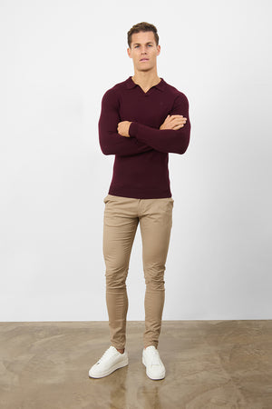 Merino Wool Buttonless Open Collar Polo Shirt in Claret - TAILORED ATHLETE - ROW