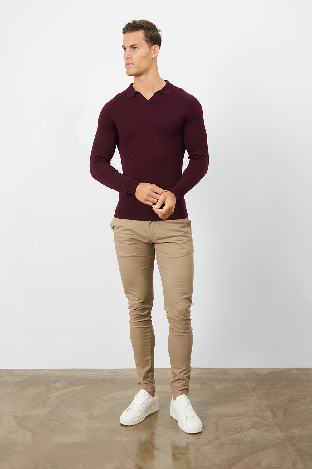 Merino Wool Buttonless Open Collar Polo Shirt in Claret - TAILORED ATHLETE - ROW