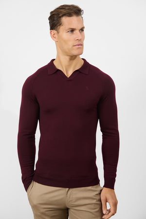 Merino Wool Buttonless Open Collar Polo Shirt in Claret - TAILORED ATHLETE - ROW