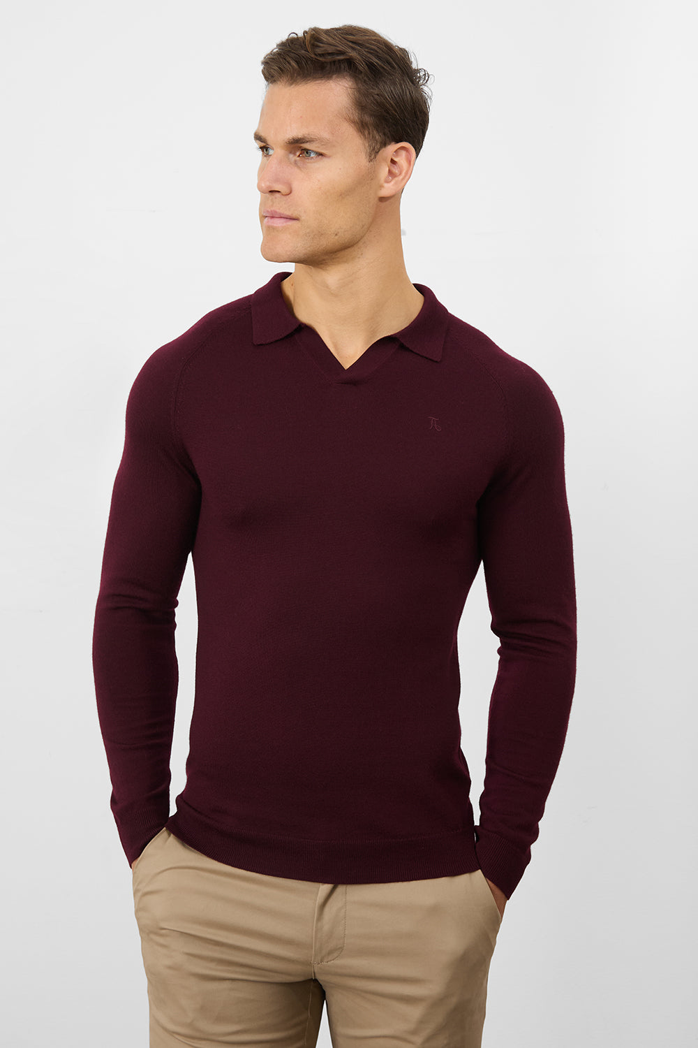 Merino Wool Buttonless Open Collar Polo Shirt in Claret - TAILORED ATHLETE - ROW