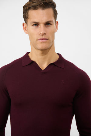 Merino Wool Buttonless Open Collar Polo Shirt in Claret - TAILORED ATHLETE - ROW