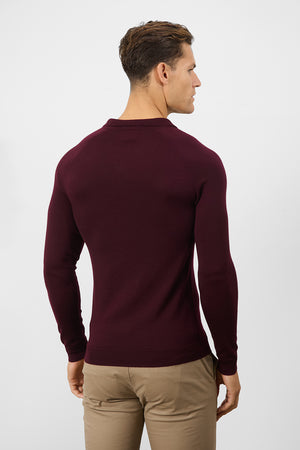 Merino Wool Buttonless Open Collar Polo Shirt in Claret - TAILORED ATHLETE - ROW