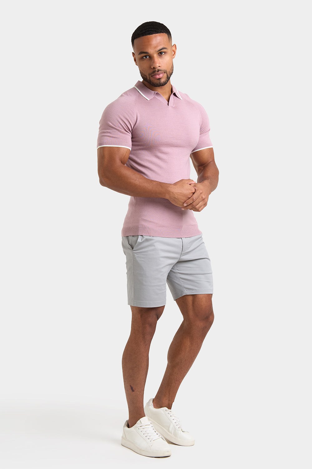 Merino Tipped Open Collar Polo Shirt in Dusky Pink - TAILORED ATHLETE - ROW