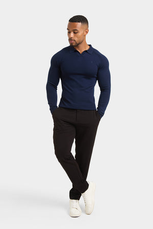 Merino Wool Buttonless Open Collar Polo Shirt in Navy - TAILORED ATHLETE - ROW