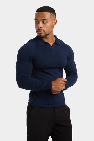 Merino Wool Buttonless Open Collar Polo Shirt in Navy - TAILORED ATHLETE - ROW