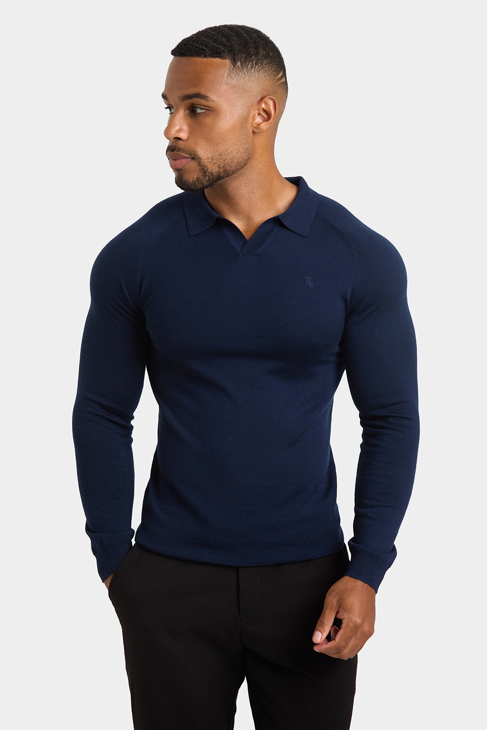 Merino Wool Buttonless Open Collar Polo Shirt in Navy - TAILORED ATHLETE - ROW