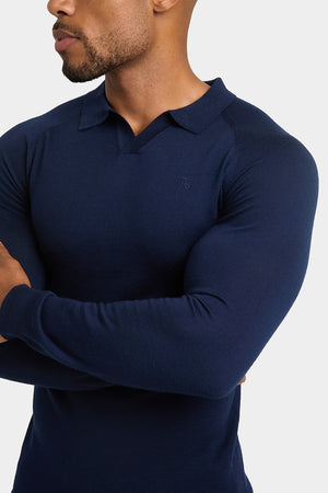 Merino Wool Buttonless Open Collar Polo Shirt in Navy - TAILORED ATHLETE - ROW